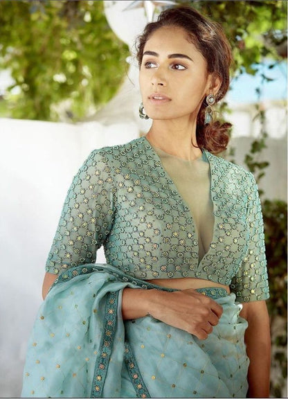 Light sea green sequence embroidery designer organza saree