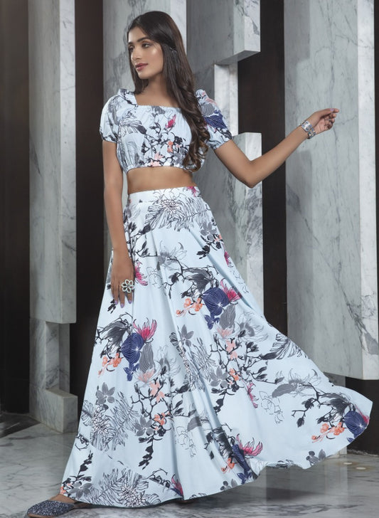 Light sky blue flower printed party wear crop top lehenga