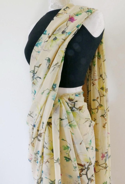 Light yellow digital floral printed pearl lace saree