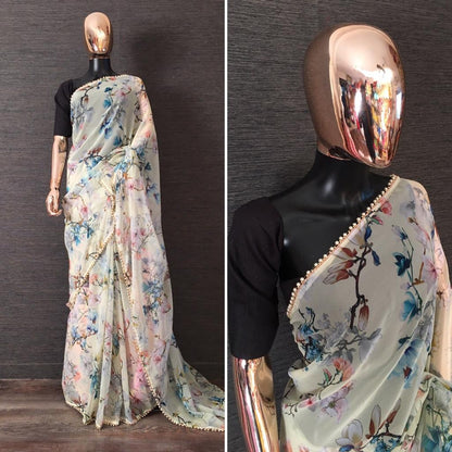 Light yellow digital floral printed pearl lace saree