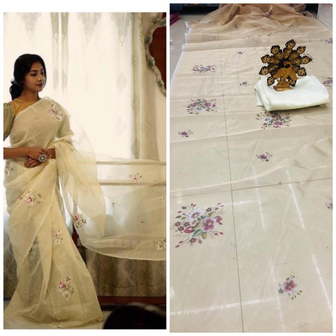 Light yellow flower printed organza saree