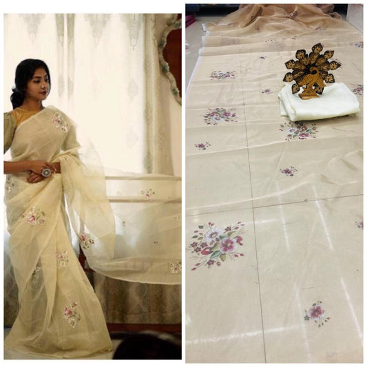 Light yellow flower printed organza saree