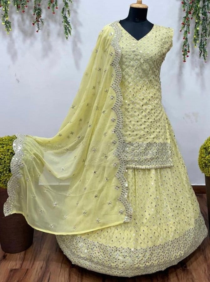 Light yellow georgette embroidered sequence work ceremonial lehenga choli