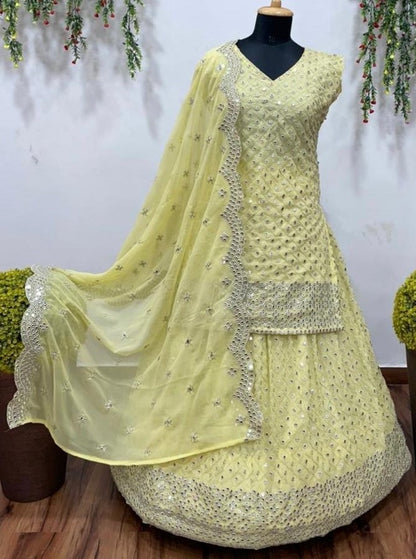 Light yellow georgette embroidered sequence work ceremonial lehenga choli