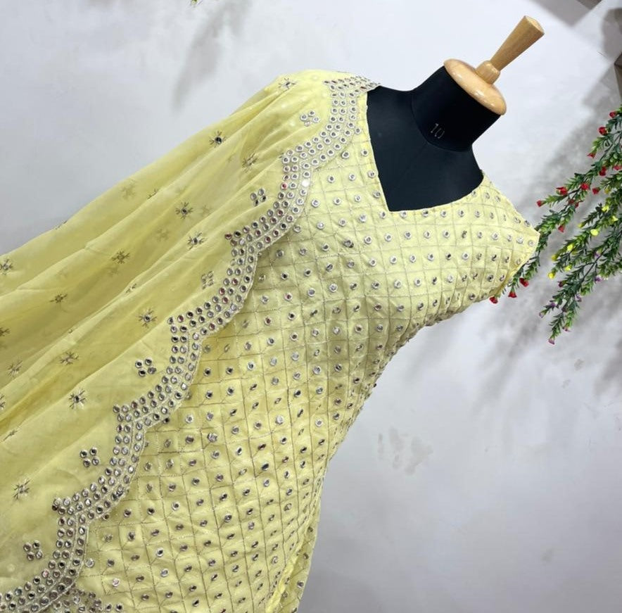 Light yellow georgette embroidered sequence work ceremonial lehenga choli