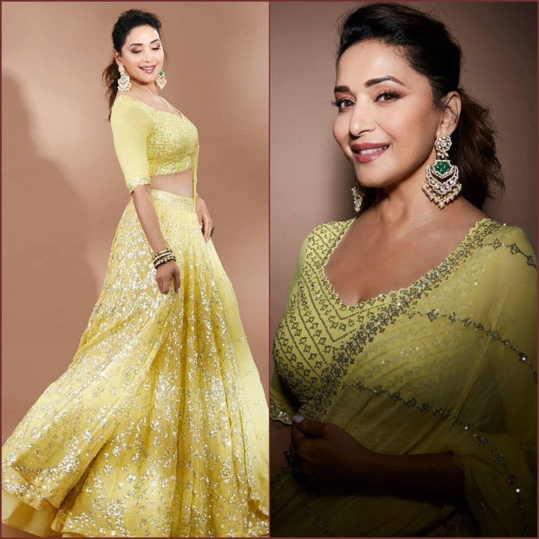 Light yellow georgette embroidered sequence work lehenga choli