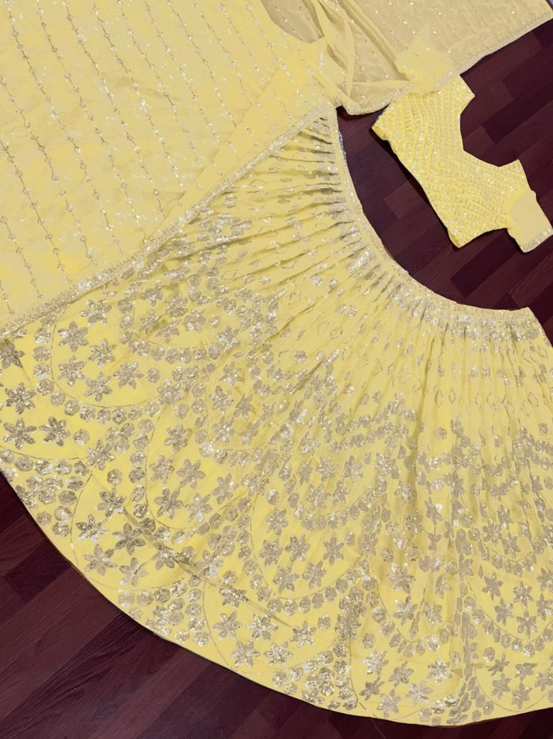 Light yellow georgette embroidered sequence work lehenga choli
