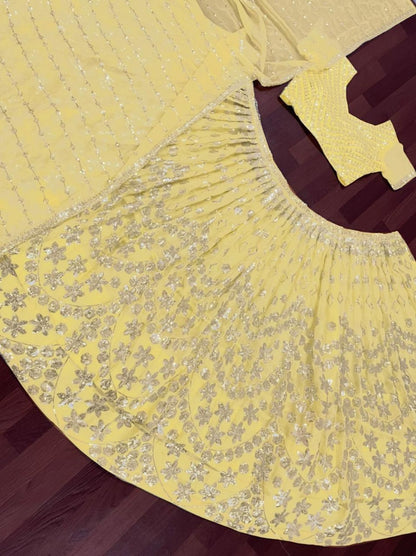 Light yellow georgette embroidered sequence work lehenga choli
