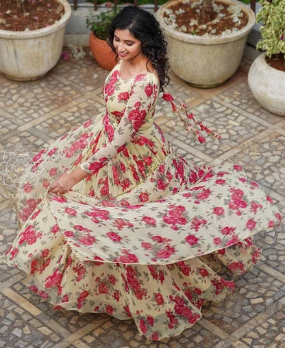 Light yellow georgette floral printed umbrella flair gown