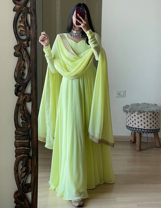 Light yellow georgette long party wear anarkali ethnic gown