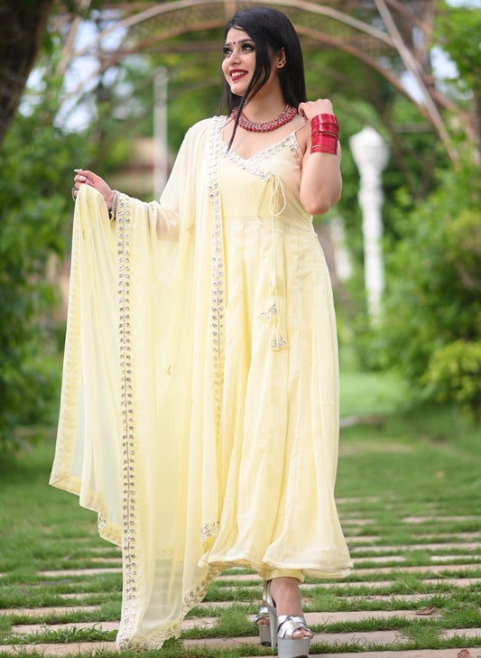 Light yellow georgette plain anarkali suit