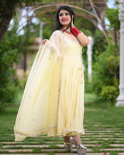 Light yellow georgette plain anarkali suit
