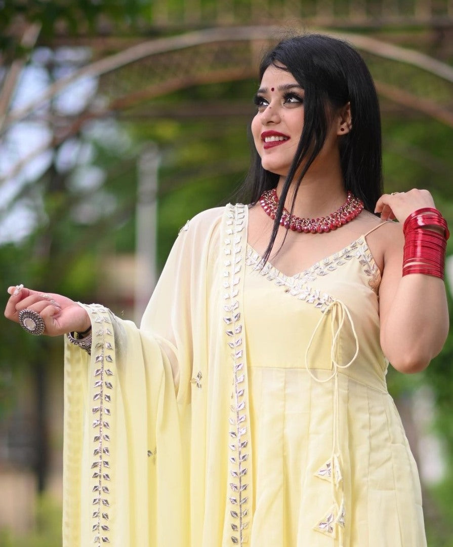 Light yellow georgette plain anarkali suit