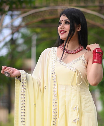 Light yellow georgette plain anarkali suit