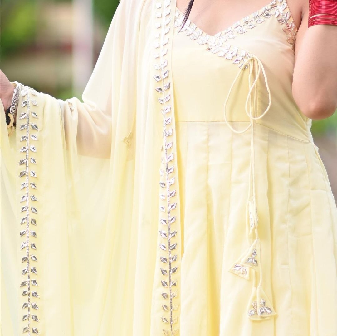 Light yellow georgette plain anarkali suit