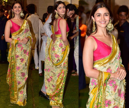 Light yellow gota zari digital printed saree