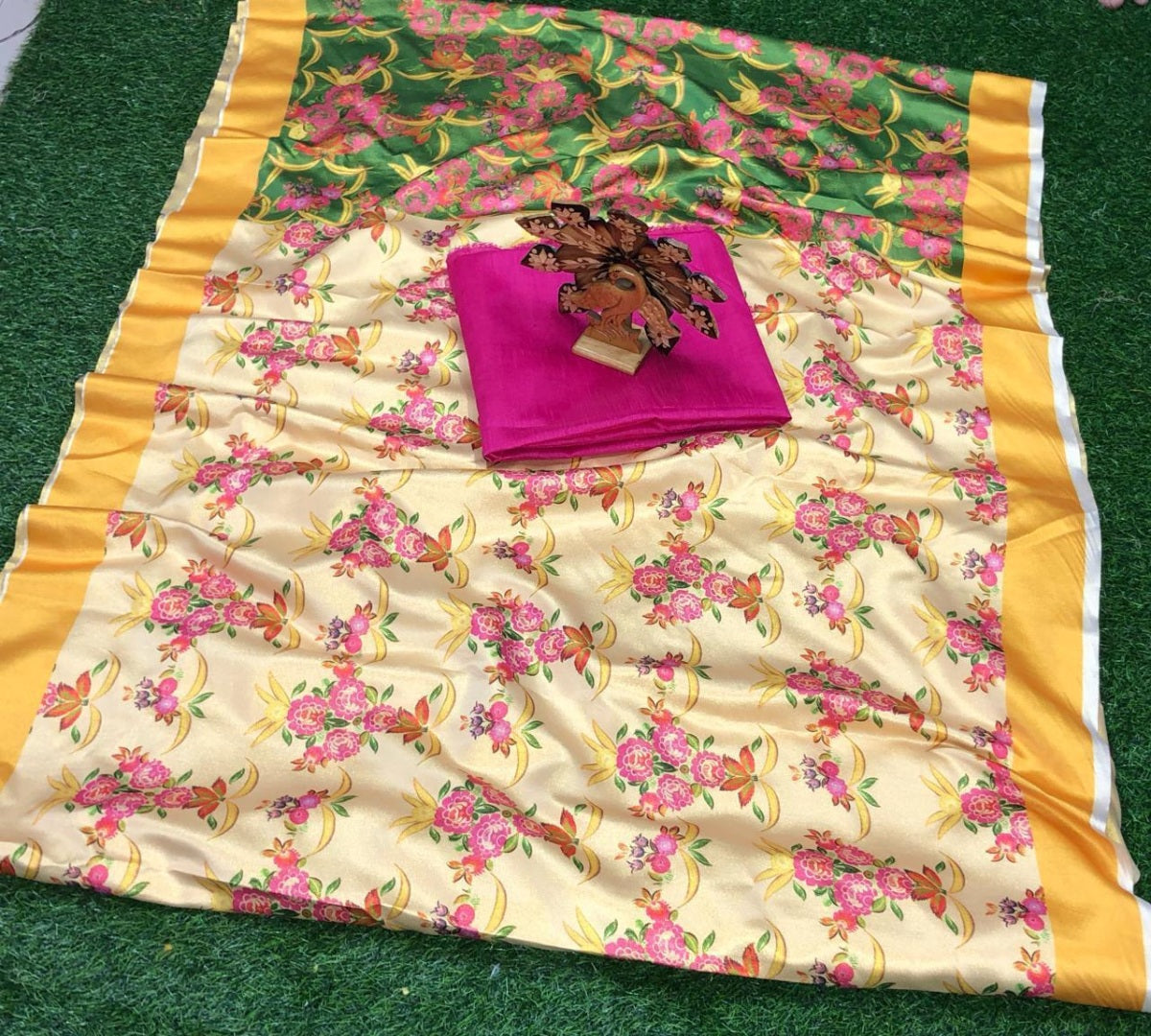 Light yellow gota zari digital printed saree