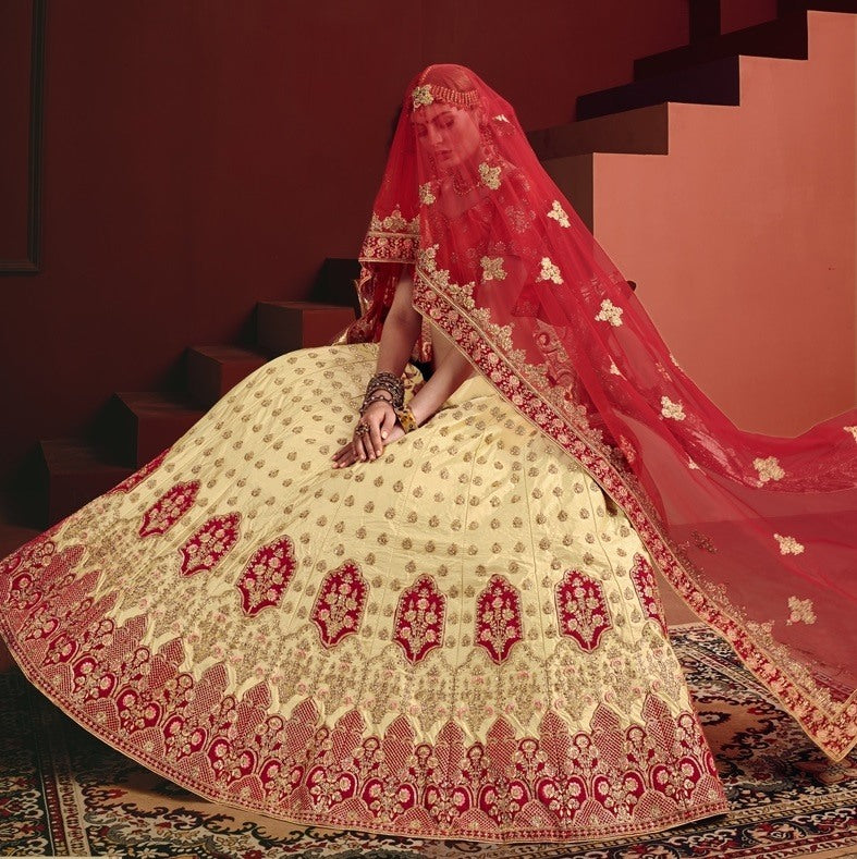 Light Yellow heavy designer embroidered bridal lehenga choli