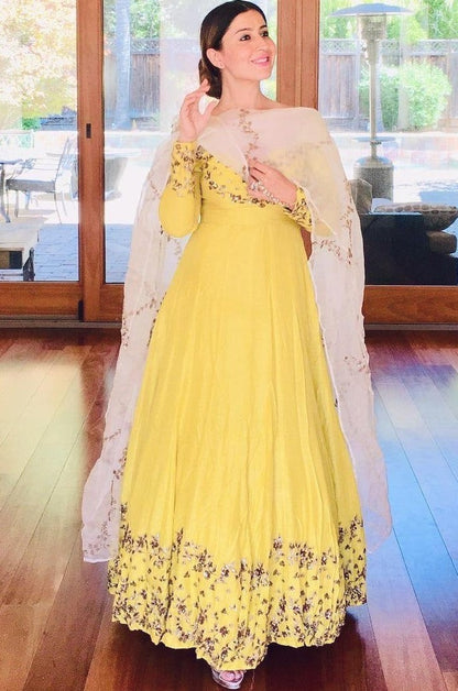 Light yellow heavy georgette embroidered work gown