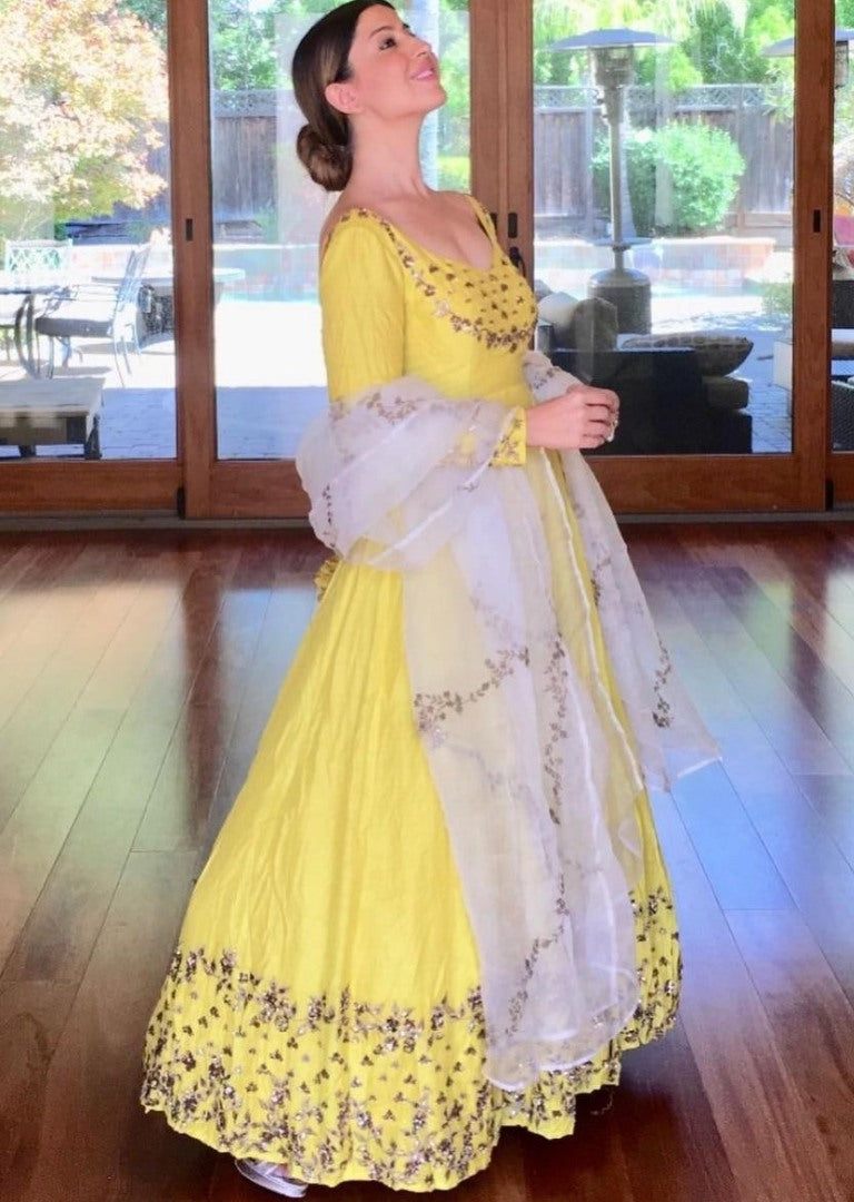 Light yellow heavy georgette embroidered work gown