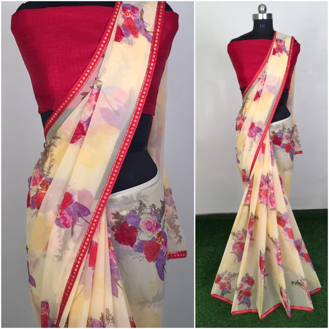 Light yellow heavy georgette floral printed saree