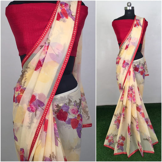 Light yellow heavy georgette floral printed saree