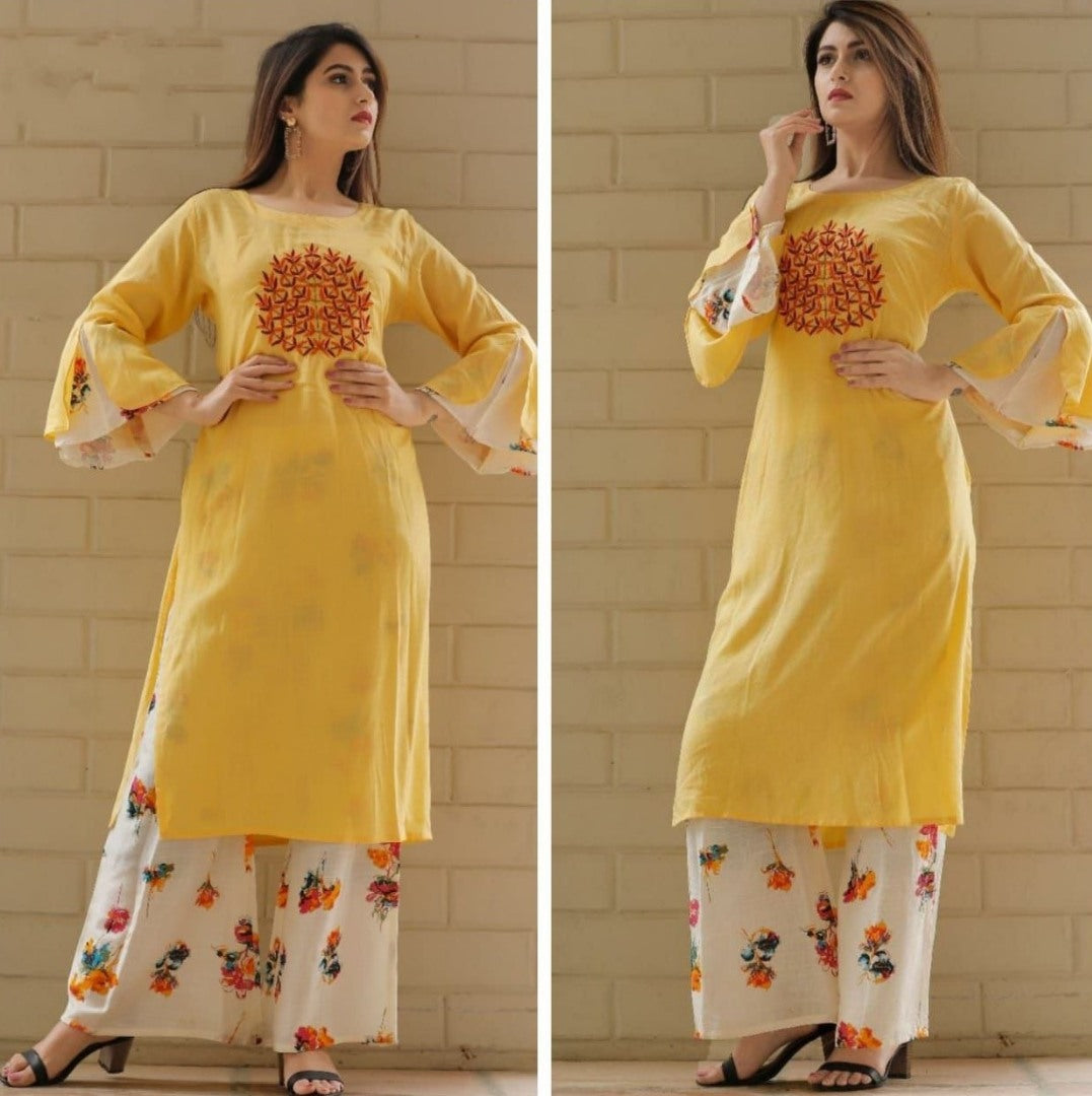 Light yellow heavy rayon hand embroidered work suit with plazzo