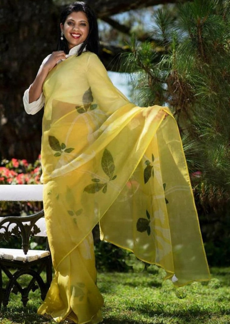 Light yellow organza digital printed saree