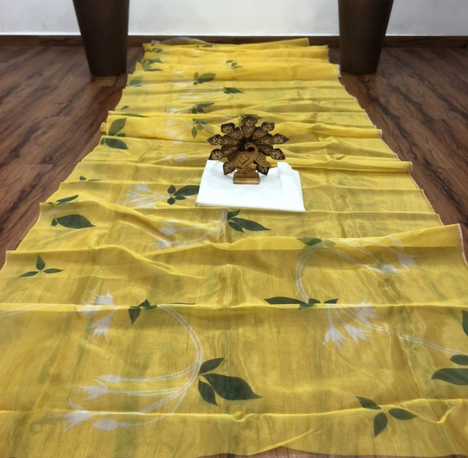 Light yellow organza digital printed saree