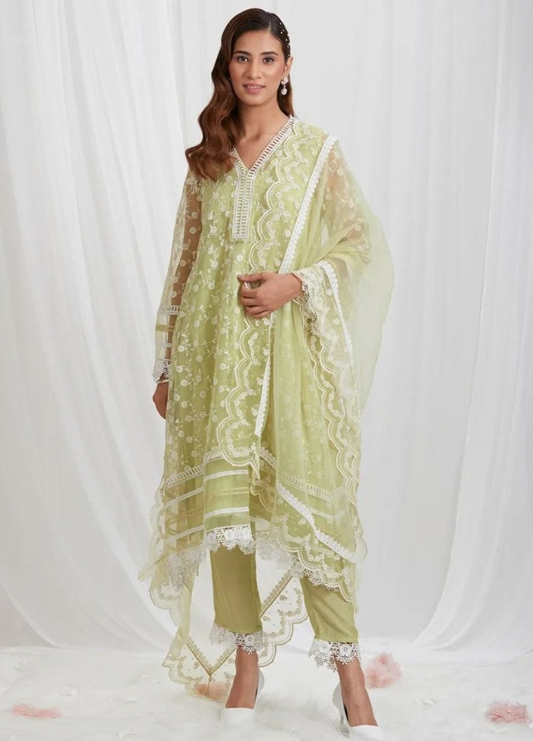 Light yellow organza thread embroidered pant suit