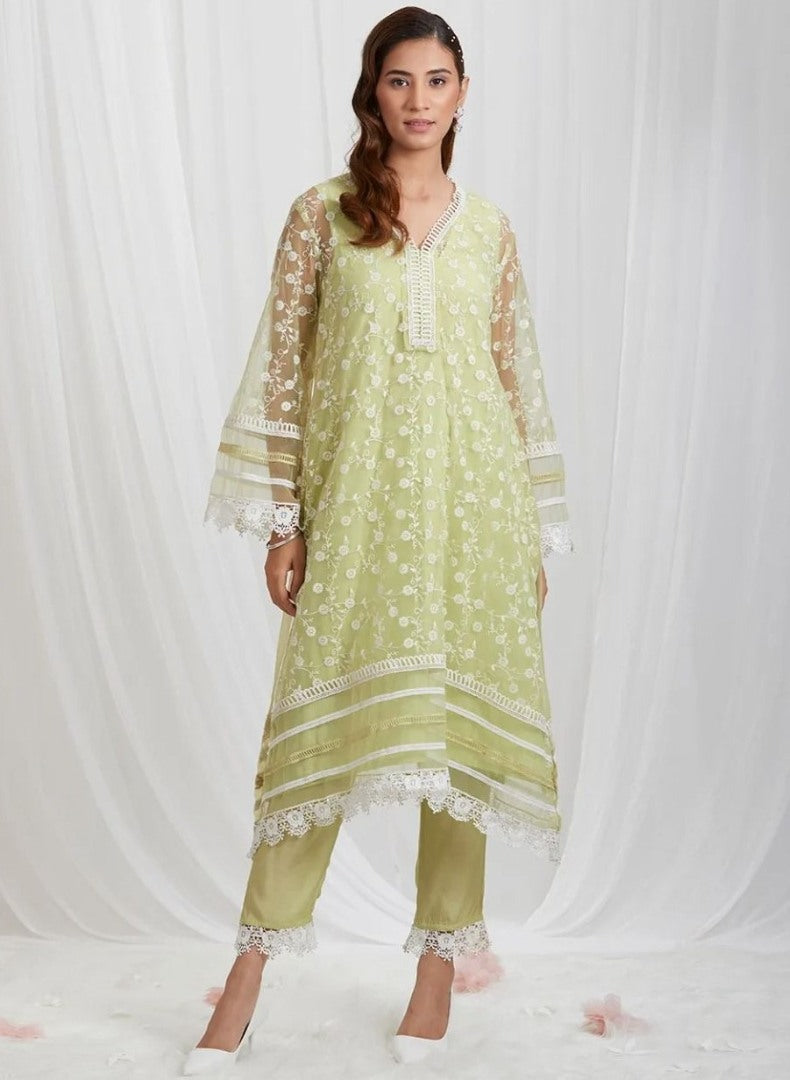 Light yellow organza thread embroidered pant suit