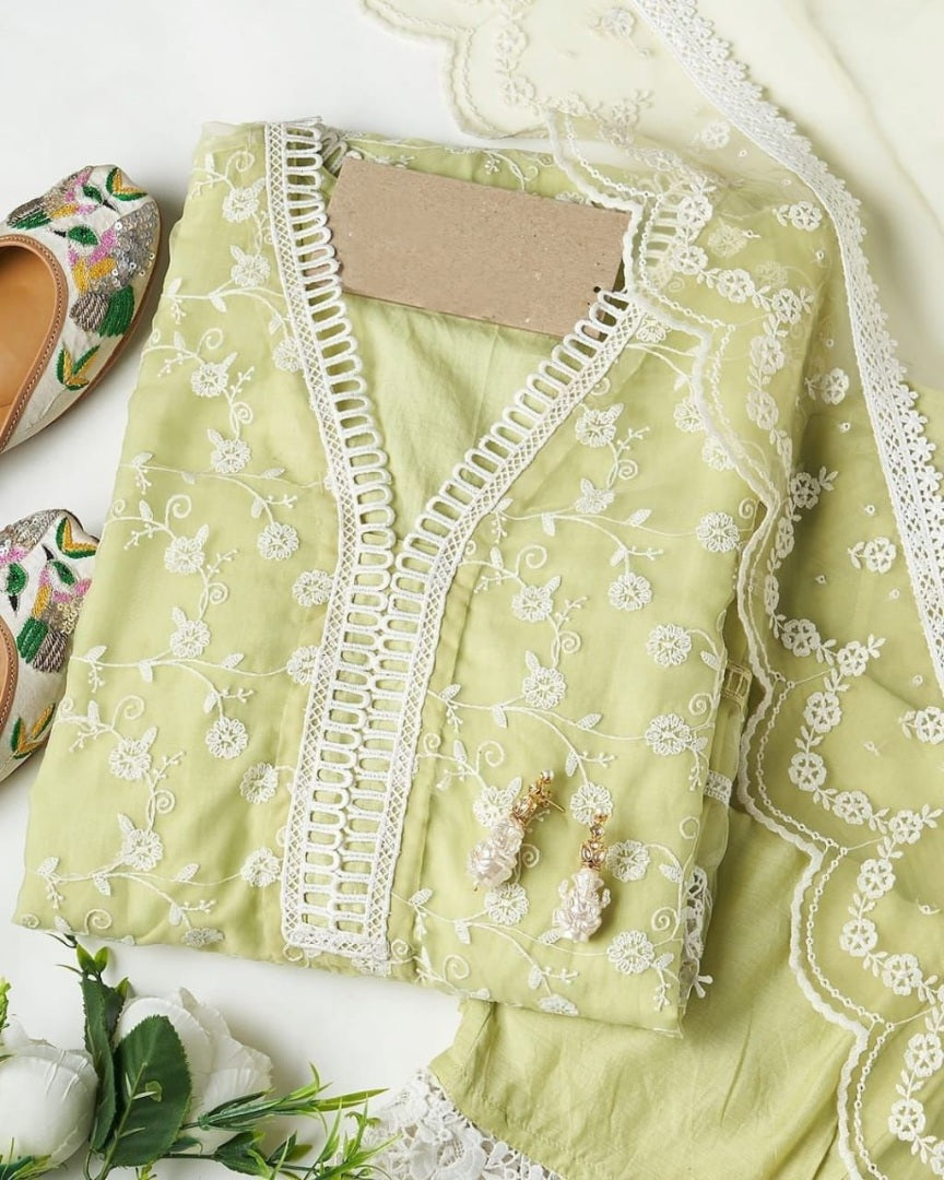 Light yellow organza thread embroidered pant suit