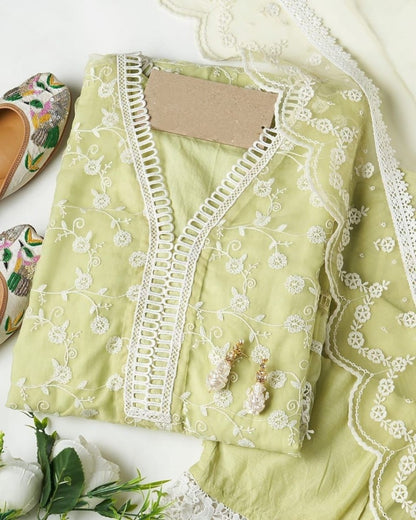 Light yellow organza thread embroidered pant suit