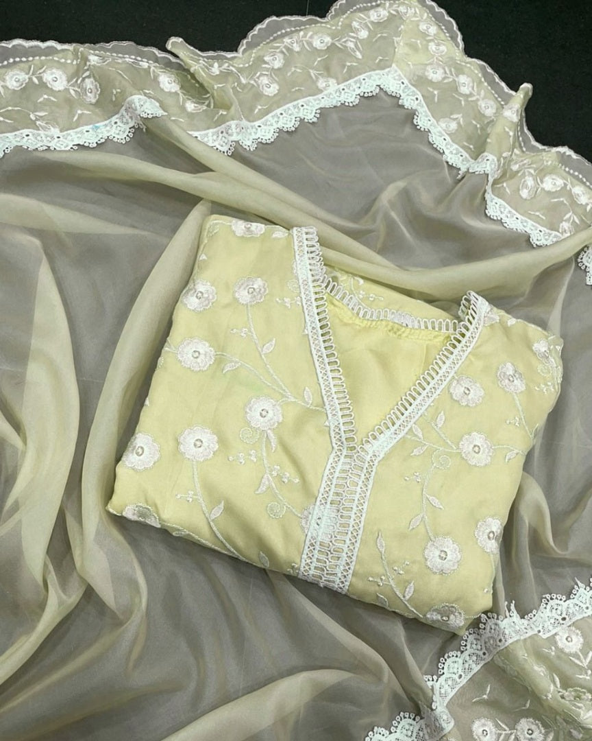 Light yellow organza thread embroidered pant suit