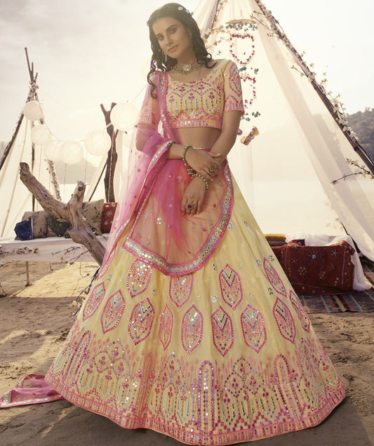 Light yellow organza thread, foil & mirror work bridal lehenga choli