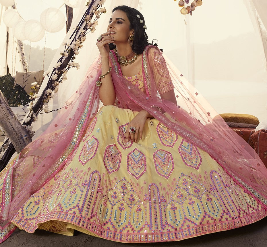 Light yellow organza thread, foil & mirror work bridal lehenga choli