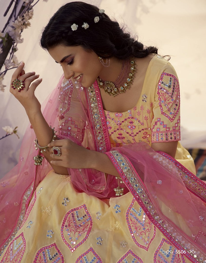 Light yellow organza thread, foil & mirror work bridal lehenga choli