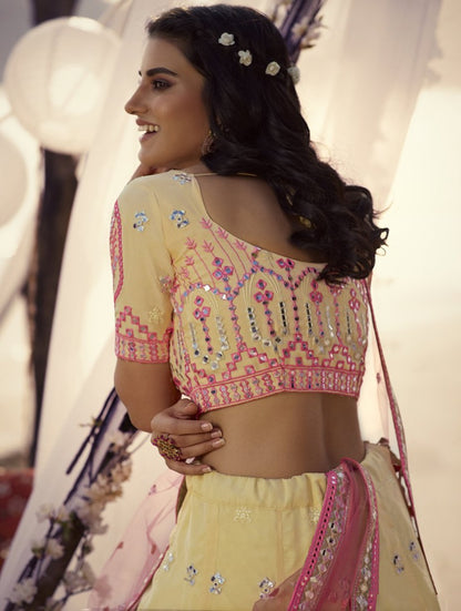 Light yellow organza thread, foil & mirror work bridal lehenga choli