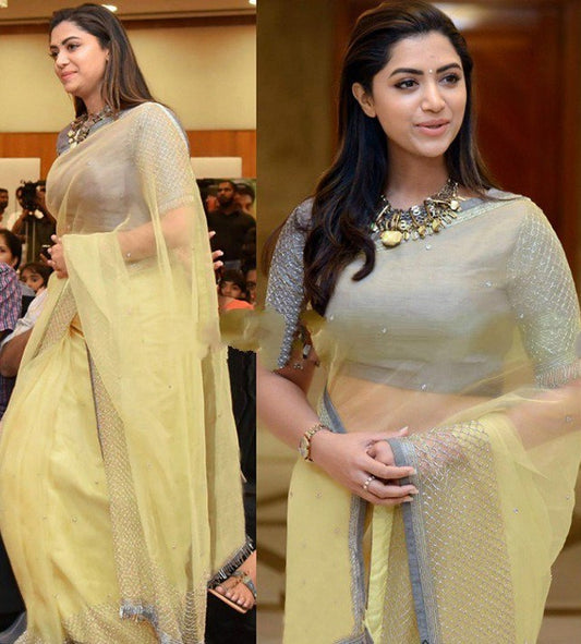 light yellow organza tissue net bollywood style saree