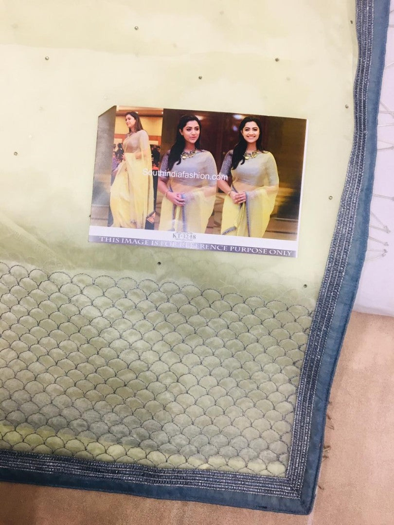 light yellow organza tissue net bollywood style saree