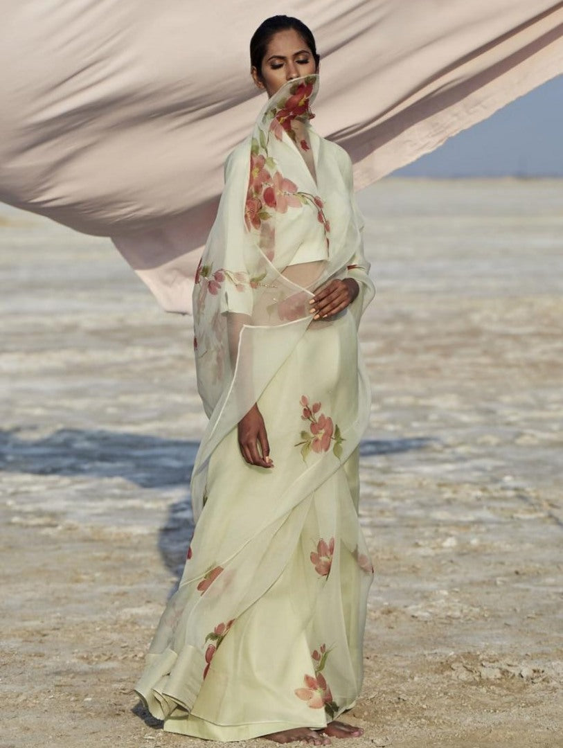 Light yellow orgenza net floral digital printed casual wear saree