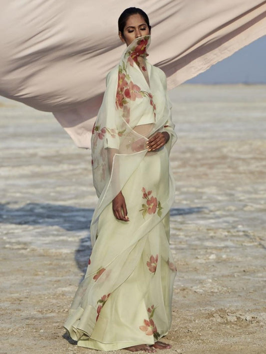 Light yellow orgenza net floral digital printed casual wear saree