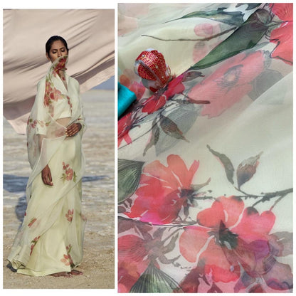 Light yellow orgenza net floral digital printed casual wear saree