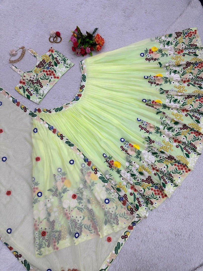 Light yellow tabby silk heavy work ceremonial designer lehenga choli