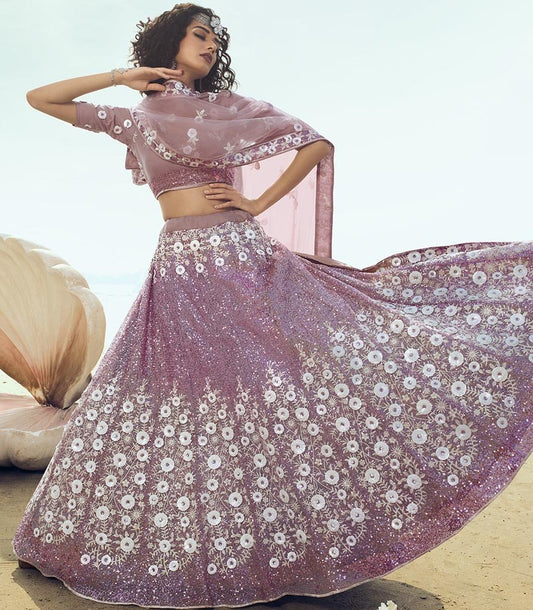 Lilac soft net sequence thread work ceremonial lehenga choli