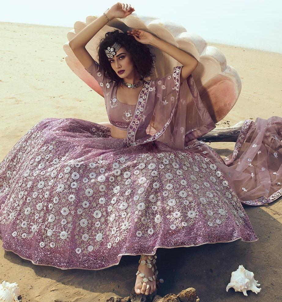 Lilac soft net sequence thread work ceremonial lehenga choli