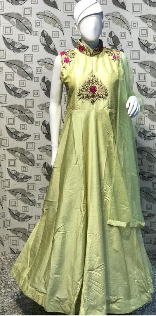 lime yellow bamboo silk jardoshi pearl and crystal handwork partywear gown