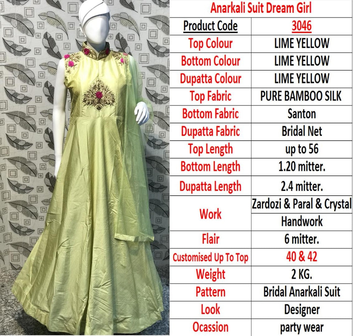 lime yellow bamboo silk jardoshi pearl and crystal handwork partywear gown