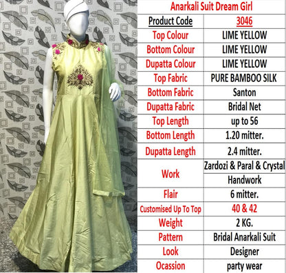 lime yellow bamboo silk jardoshi pearl and crystal handwork partywear gown