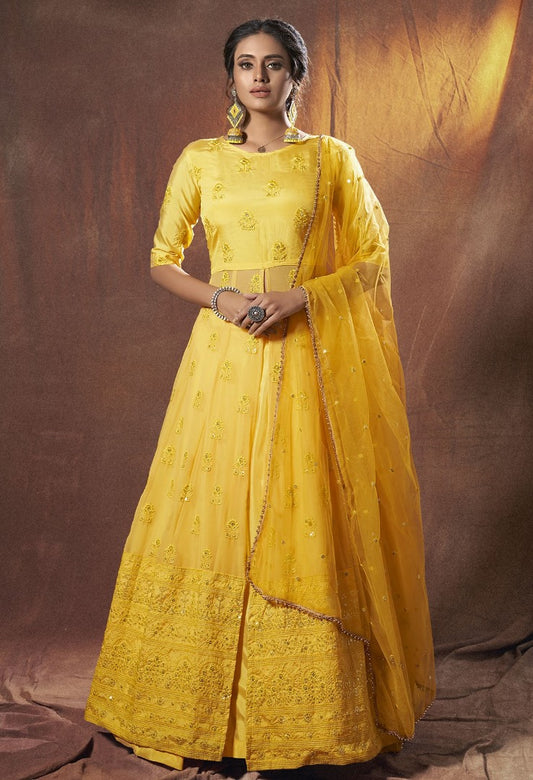 Lime yellow georgette soft net ceremonial lehenga choli